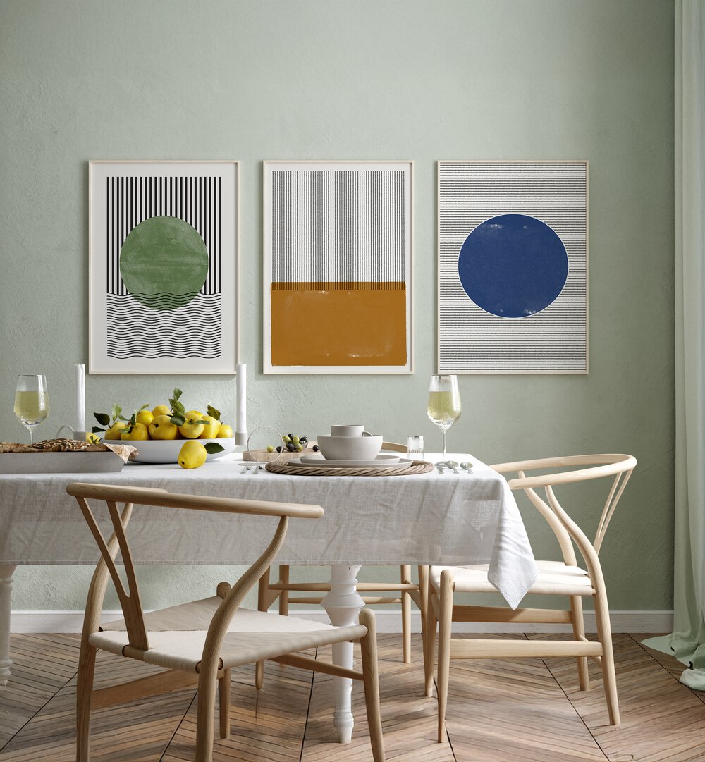 Elevate your decor with the MODERN GEOMETRIC LINES AND SHAPES SET, SET OF 3 PAINTINGS showcasing bold designs.
