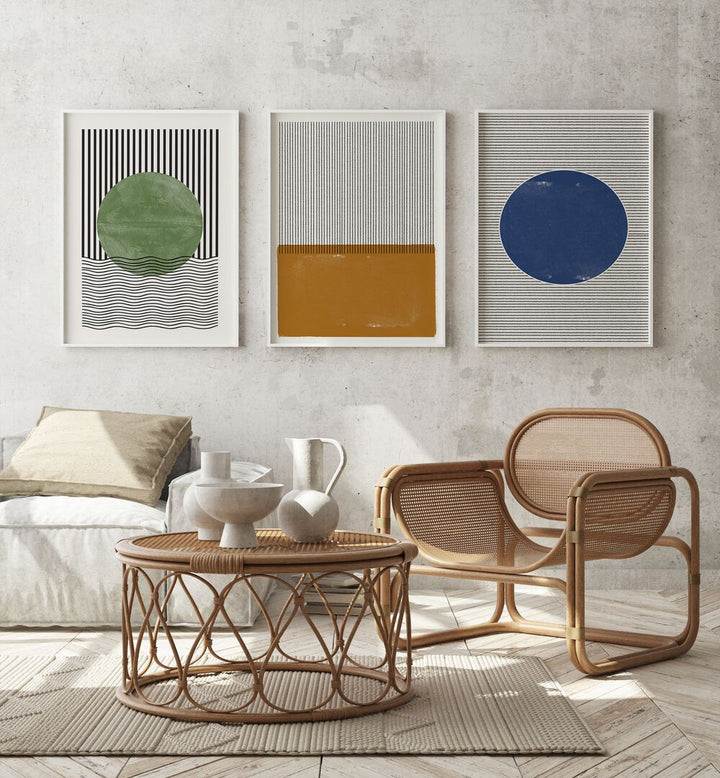 Transform your space with the MODERN GEOMETRIC LINES AND SHAPES SET, SET OF 3 PAINTINGS featuring vibrant designs.