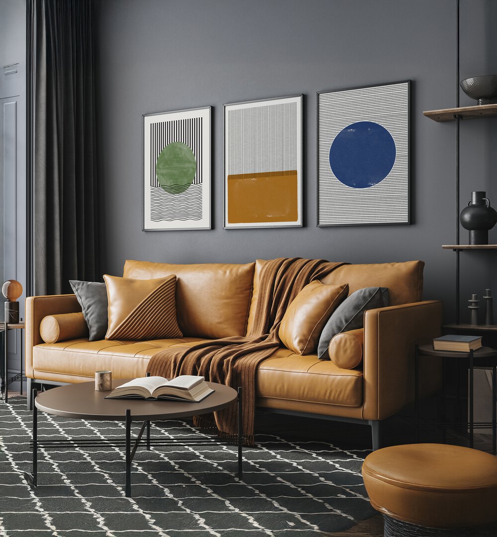 Enhance your decor with the MODERN GEOMETRIC LINES AND SHAPES SET, SET OF 3 PAINTINGS, featuring striking designs.