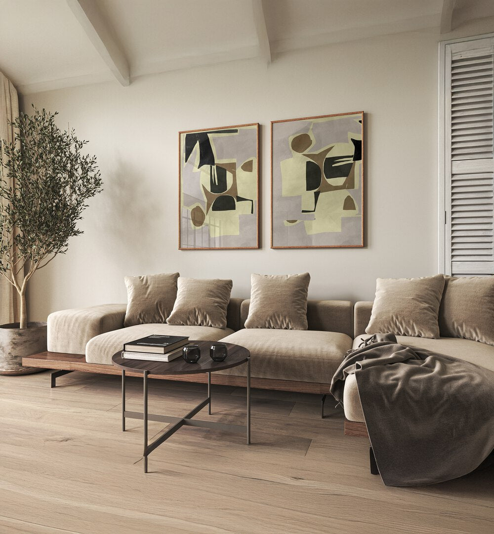 Enhance your decor with the MODERN SHAPES HARMONY SET, SET OF 2 PAINTINGS, adding elegance to any living space.