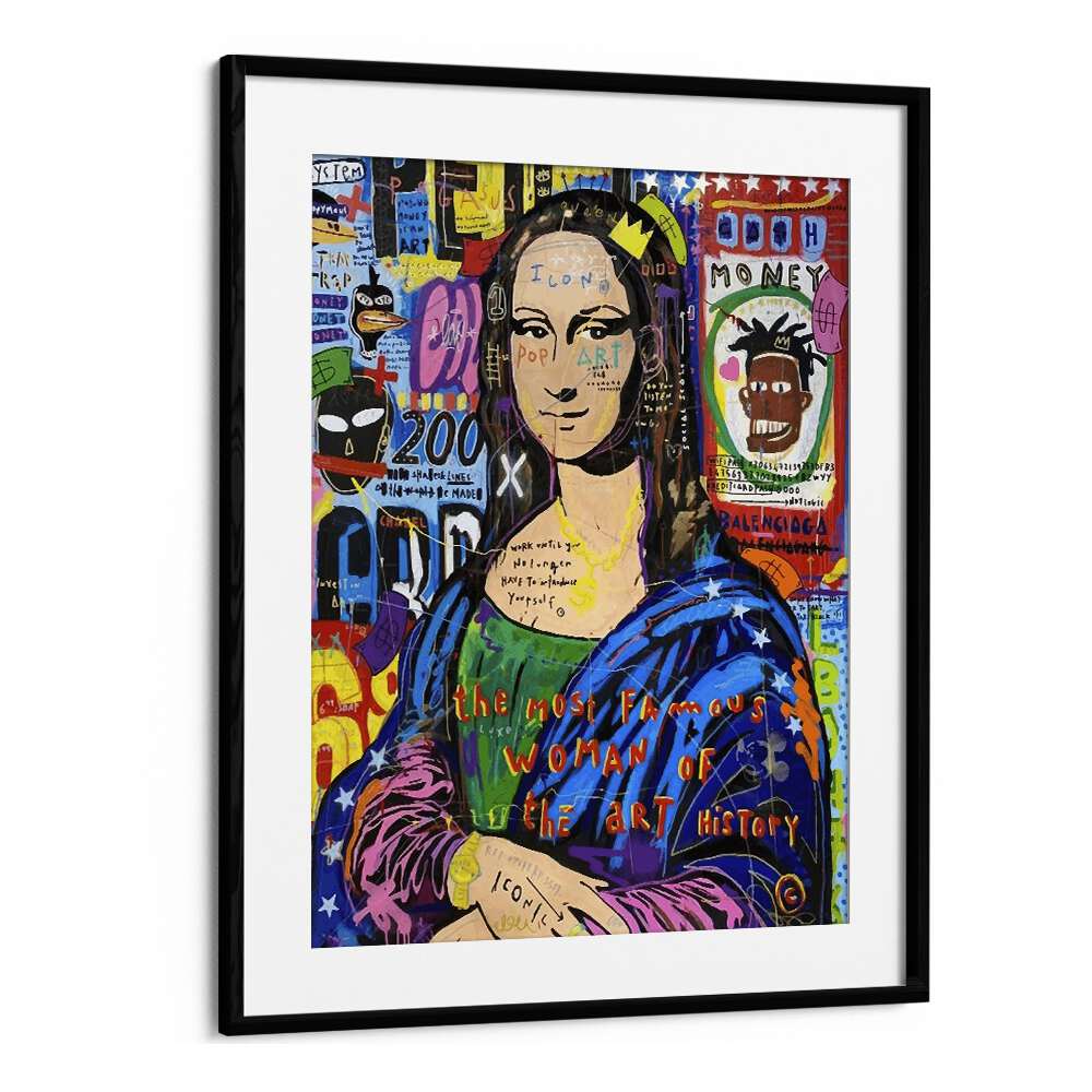 Colorful MONALISA ICONIC, POP ART PAINTINGS in a sleek black frame, perfect for transforming your space with vibrant charm.