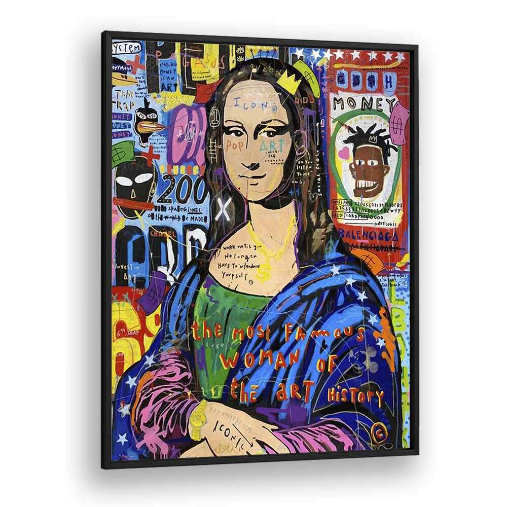 Vibrant MONALISA ICONIC, POP ART PAINTINGS in a sleek black frame, perfect for transforming any space.