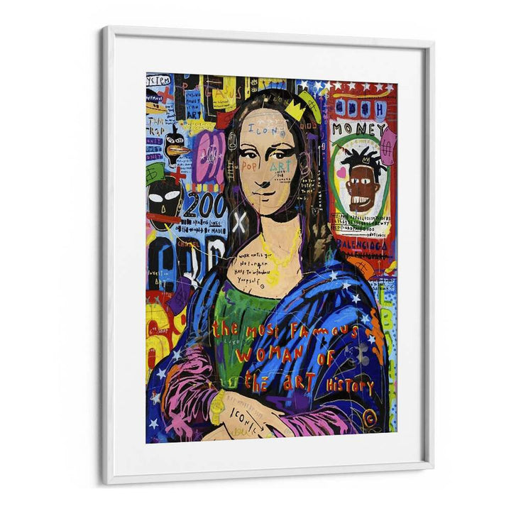 Vibrant MONALISA ICONIC, POP ART PAINTINGS featured in a stylish white frame, perfect for modern decor.