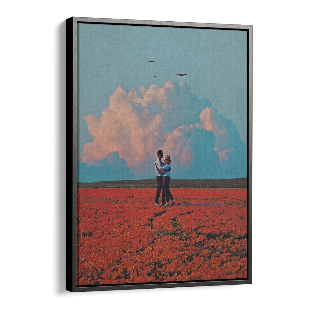 Couple embracing in a vibrant field, showcasing MONDAY, SURREAL ART PRINTS for a captivating home decor.