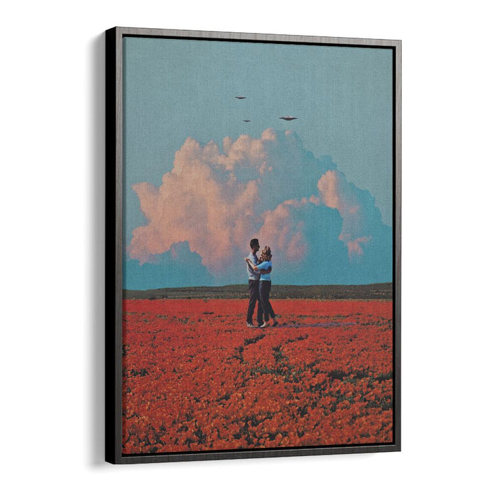 Couple embracing in a vibrant field, showcasing MONDAY, SURREAL ART PRINTS for a captivating home decor.