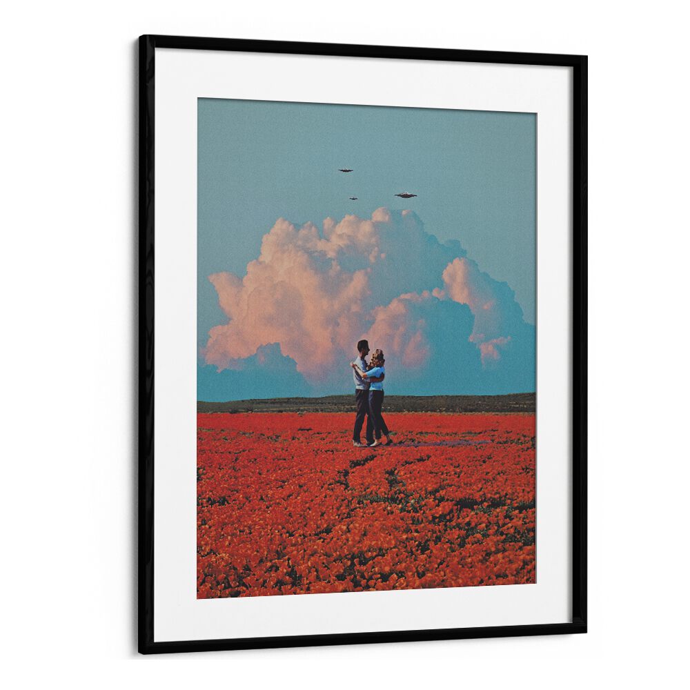 Romantic couple in a vibrant landscape, showcasing MONDAY, SURREAL ART PRINTS in a stylish black frame. Perfect decor!