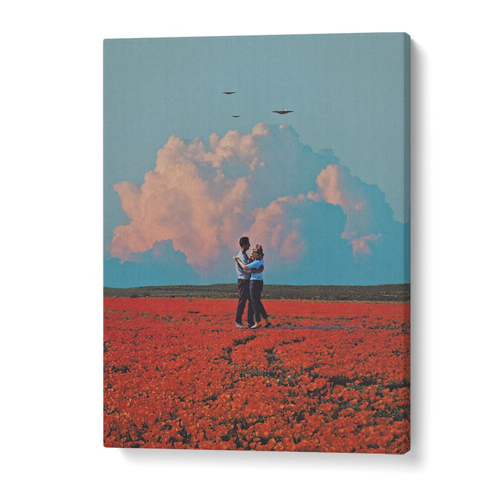 Couple dancing in a vibrant field, showcasing MONDAY, SURREAL ART PRINTS for a captivating home decor touch.