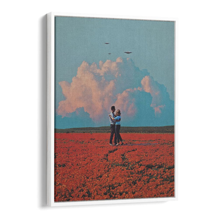 Transform your space with MONDAY, SURREAL ART PRINTS featuring a romantic scene amidst vibrant red flowers.