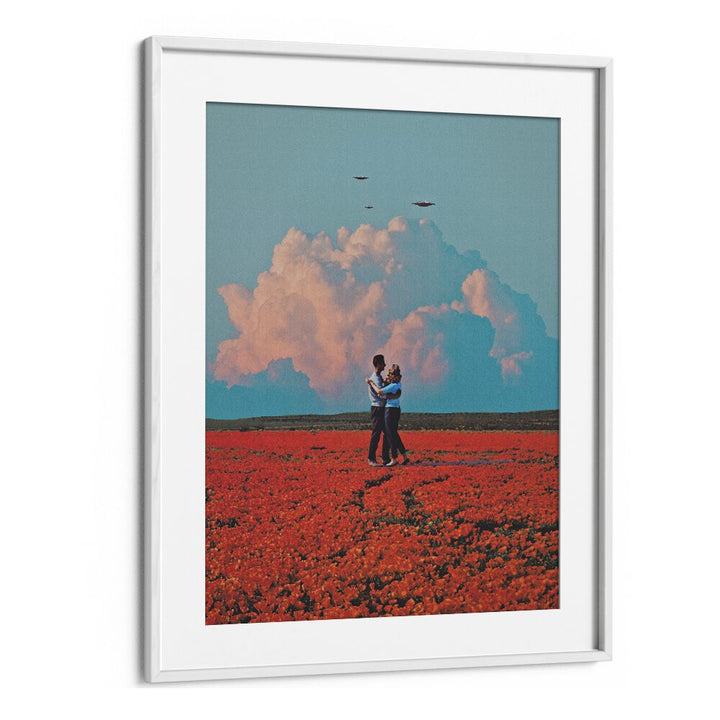 Captivating MONDAY, SURREAL ART PRINTS featuring a couple in a vibrant field under whimsical clouds. Perfect for any space.