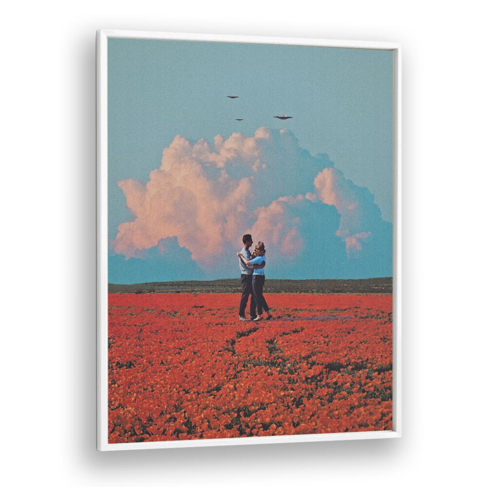 Couple embracing in a vibrant field under surreal clouds, showcasing MONDAY, SURREAL ART PRINTS for a captivating space.