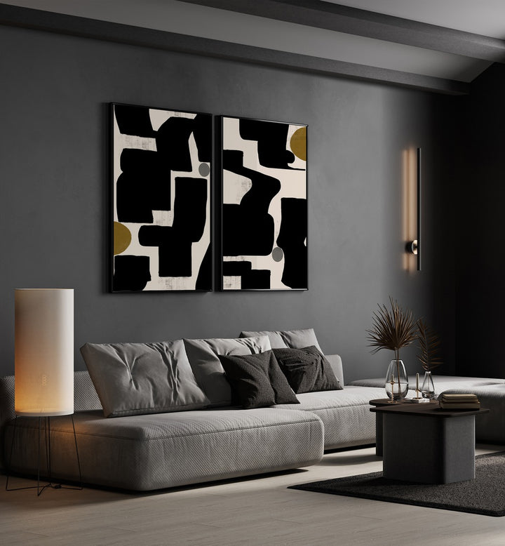 Elevate your decor with the MONOCHROME RHYTHM SET, SET OF 2 PAINTINGS, featuring modern abstract designs.