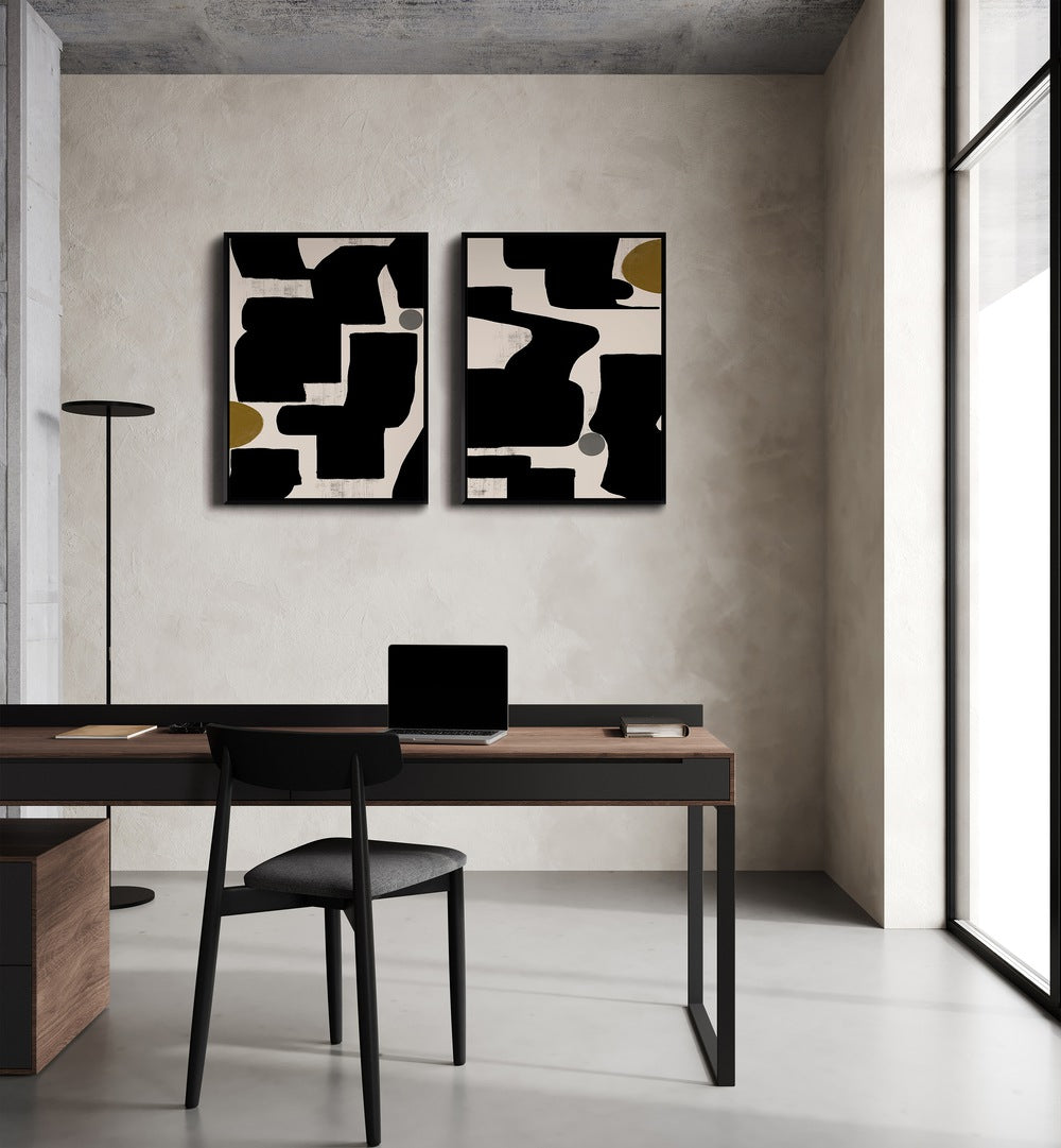Stylish MONOCHROME RHYTHM SET, SET OF 2 PAINTINGS enhances modern interiors with bold textures and tones.