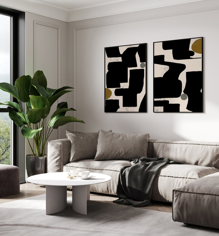 Stylish MONOCHROME RHYTHM SET, SET OF 2 PAINTINGS enhancing a modern living room with sophistication and elegance.