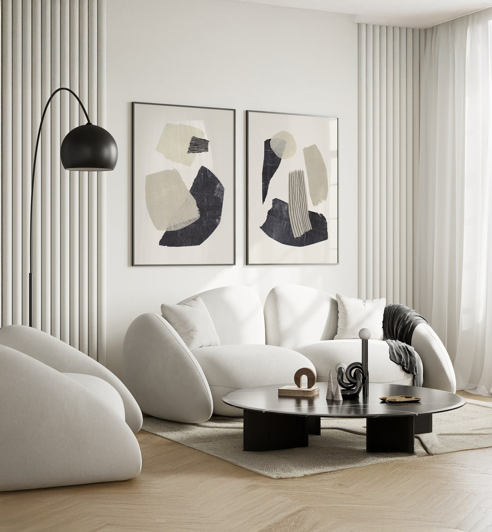 Elegant MONOCHROME SHAPES SET, SET OF 2 PAINTINGS enhancing modern décor with striking geometric patterns.