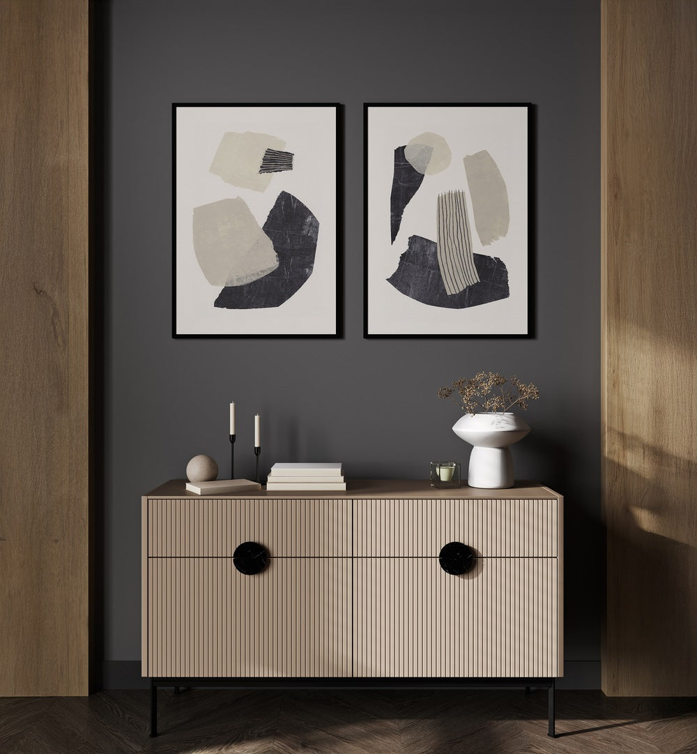 Elevate your space with the MONOCHROME SHAPES SET, SET OF 2 PAINTINGS featuring elegant geometric designs.