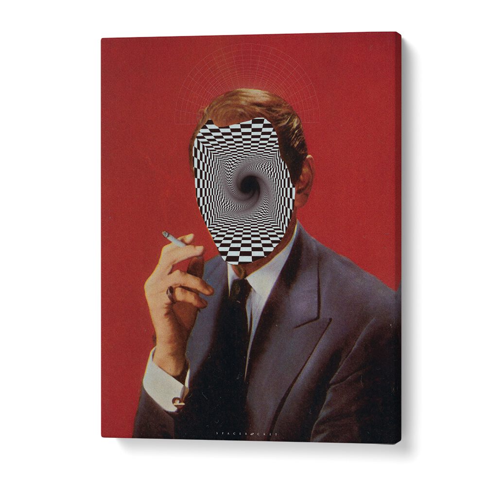 Surreal art print featuring a man with a checkered vortex, part of MONOTONE, SURREAL ART PRINTS by Space Rocket Art.