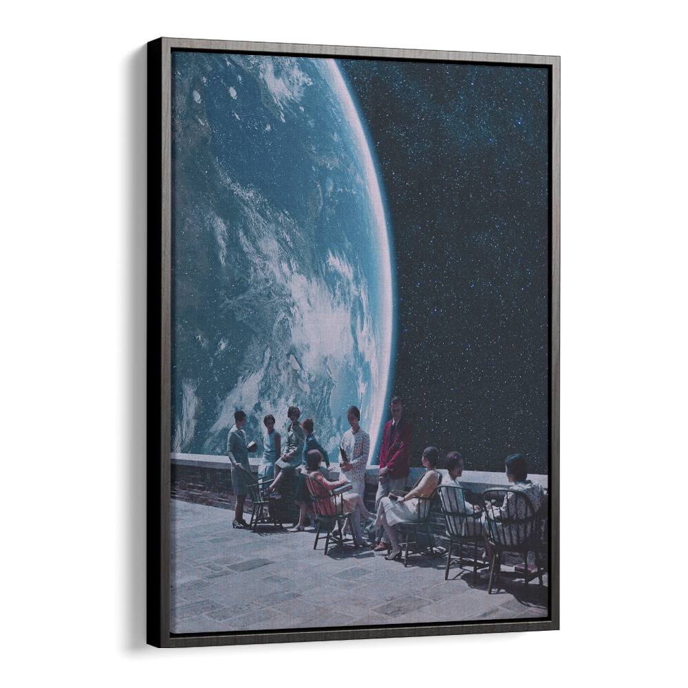 Captivating MOON TERRACE LOUNGE, SURREAL ART PRINTS by Space Rocket Art, featuring a cosmic scene with seated figures.
