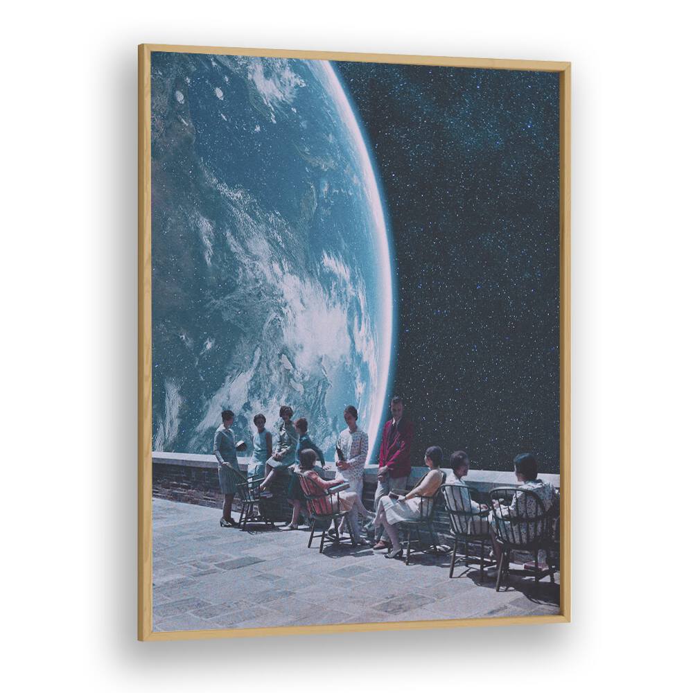 Captivating MOON TERRACE LOUNGE, SURREAL ART PRINTS by Space Rocket Art, featuring a cosmic gathering scene.