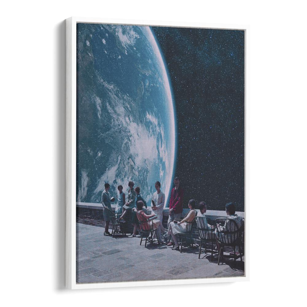 Captivating MOON TERRACE LOUNGE, SURREAL ART PRINTS by Space Rocket Art, featuring a cosmic gathering scene.