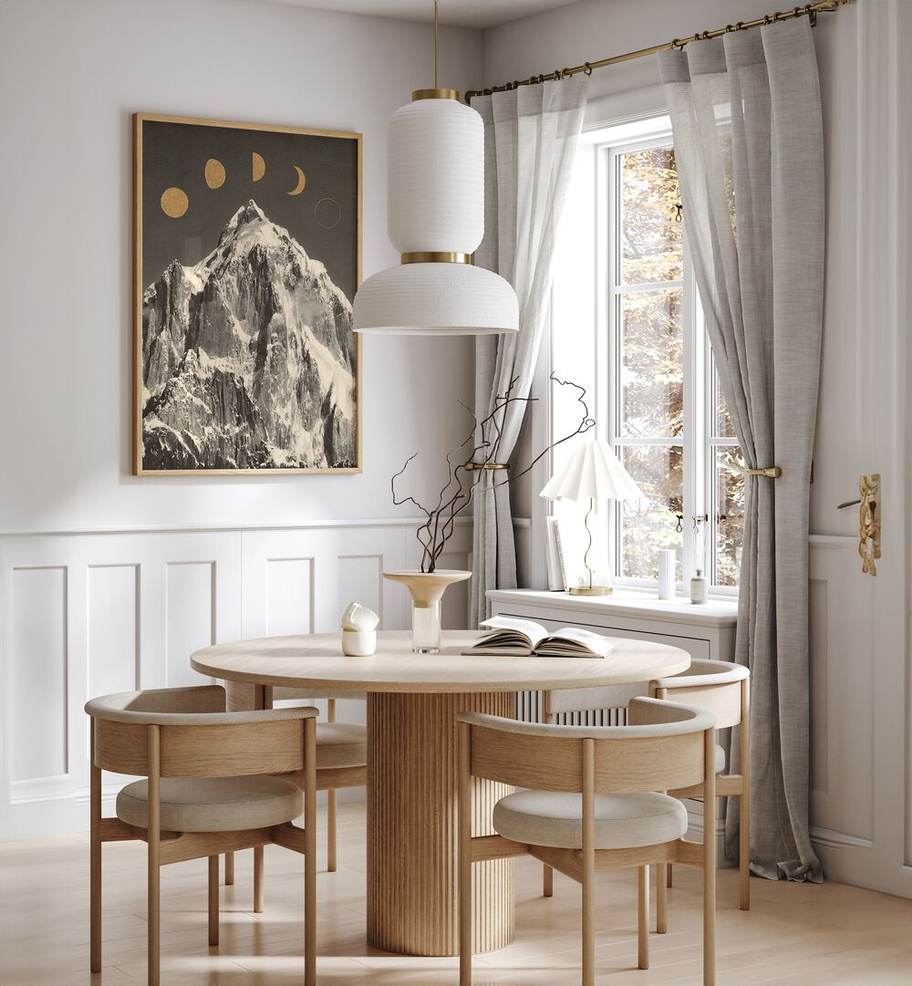 Elegant interior featuring MOON PHASES, LANDSCAPE PAINTINGS by Florent Bodart, enhancing the cosmic atmosphere.