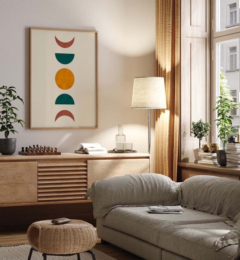 Elegant interior featuring MOON PHASES II, BOHO ART PAINTINGS, showcasing lunar cycles with stylish decor.