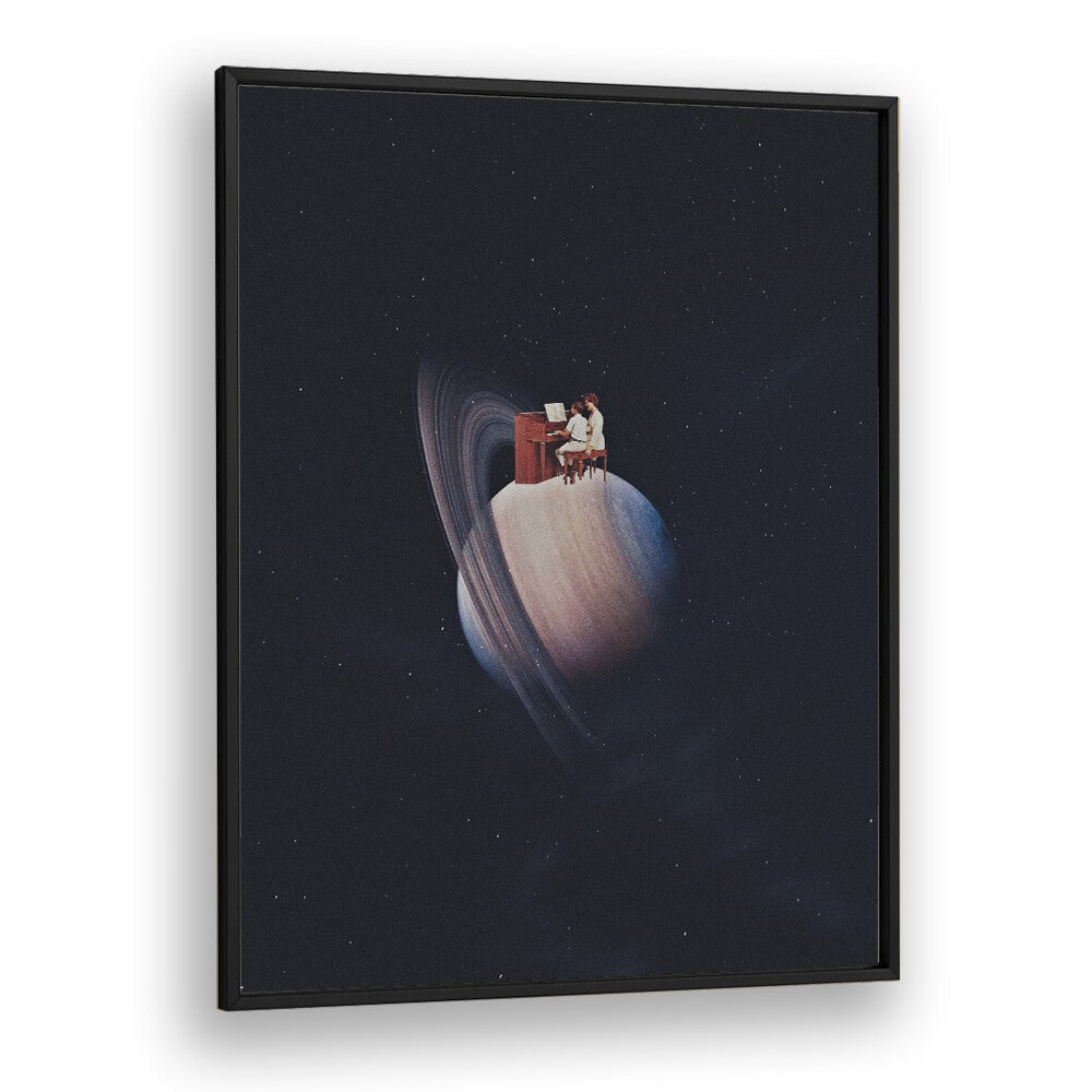 Surreal art print "MOONSHINE" by Space Rocket Art, featuring a cosmic scene with a figure at a piano on a planet.