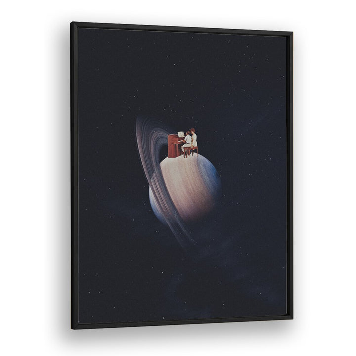 Surreal art print "MOONSHINE" by Space Rocket Art, featuring a cosmic scene with a figure at a piano on a planet.