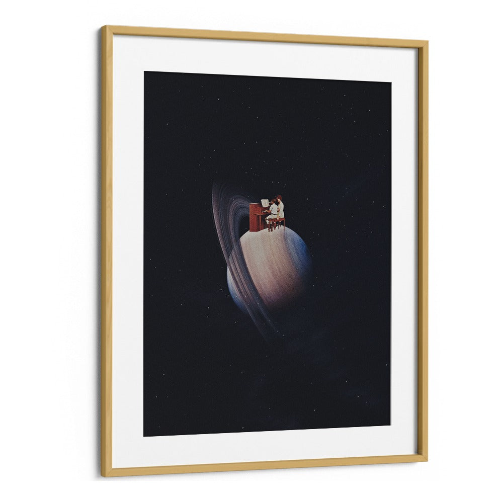 MOONSHINE, SURREAL ART PRINTS by Space Rocket Art, featuring a whimsical scene on a planet with a piano.