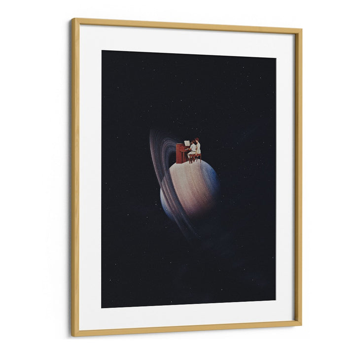MOONSHINE, SURREAL ART PRINTS by Space Rocket Art, featuring a whimsical scene on a planet with a piano.