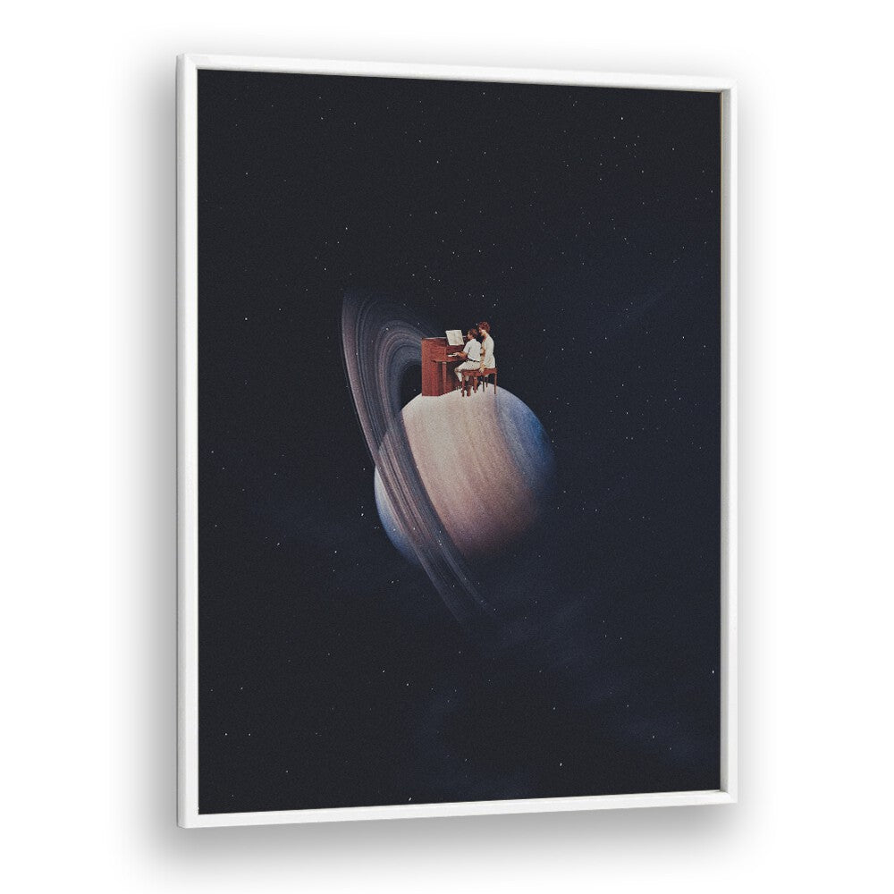 Surreal art print "MOONSHINE" by Space Rocket Art, featuring a cosmic scene with a piano on a planet.