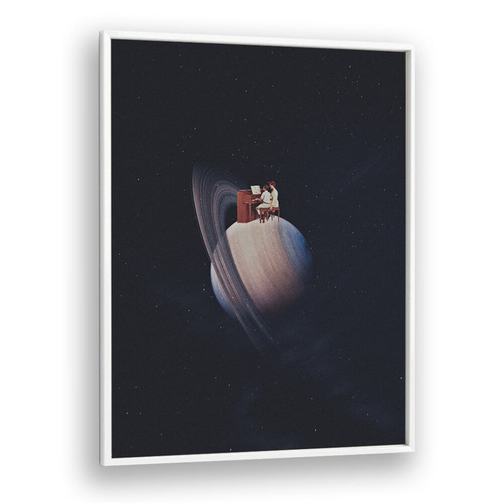 Surreal art print "MOONSHINE" by Space Rocket Art, featuring a cosmic scene with a piano on a planet.
