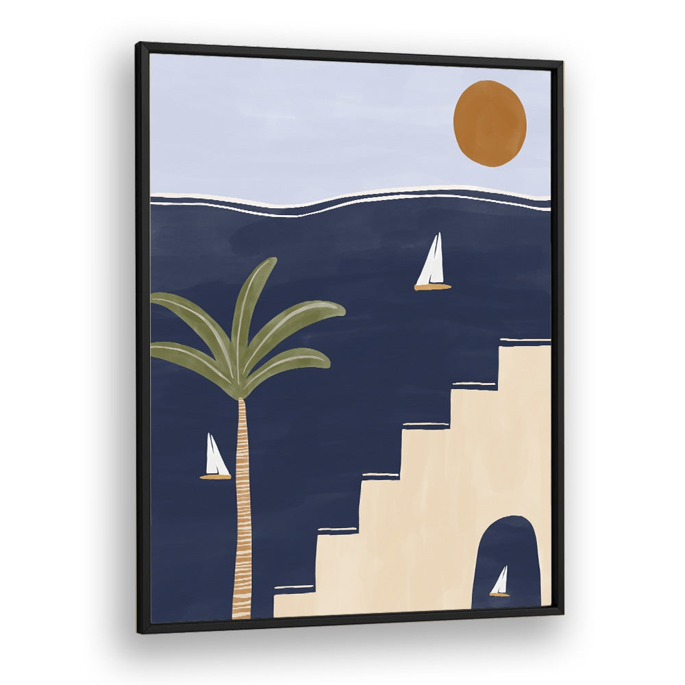 Elegant Moracan, Boho art paintings by Ivy Green, featuring a vibrant landscape with palm trees and sailboats.