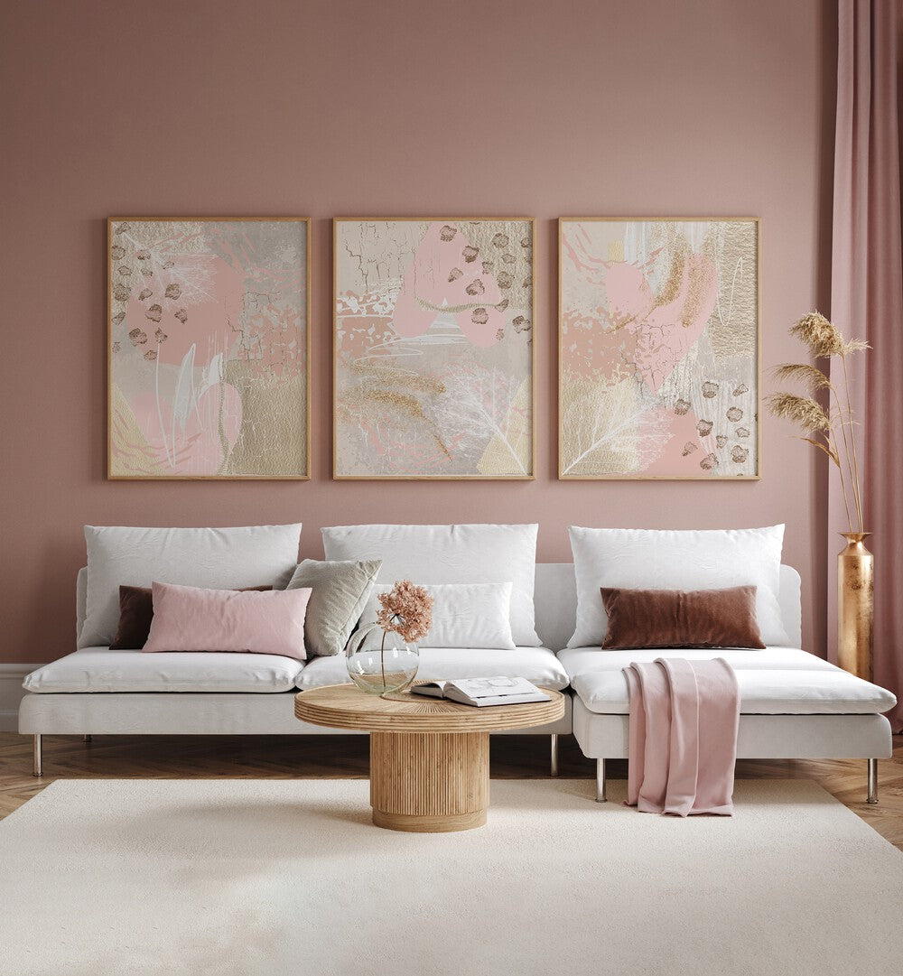 Enhance your home decor with the MORNING PINK SET, SET OF 3 PAINTINGS, radiating warmth and elegance.