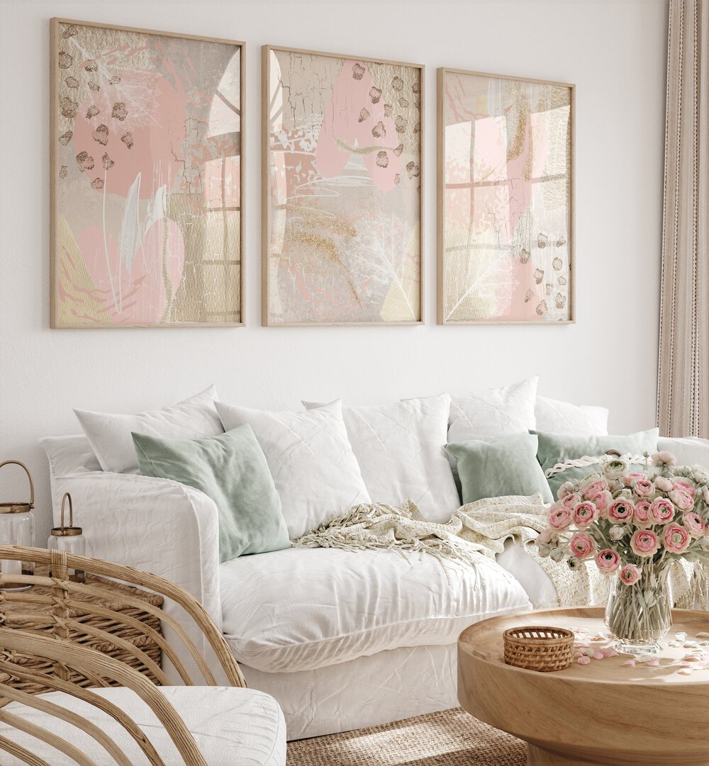 Enhance your decor with the MORNING PINK SET, SET OF 3 PAINTINGS, radiating warmth and elegance in any space.