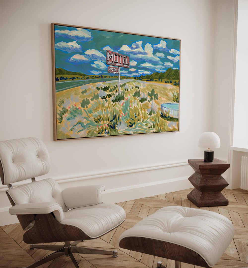 MOTEL, LANDSCAPE PAINTINGS adorn a modern room, showcasing captivating nature and tranquility for any space.