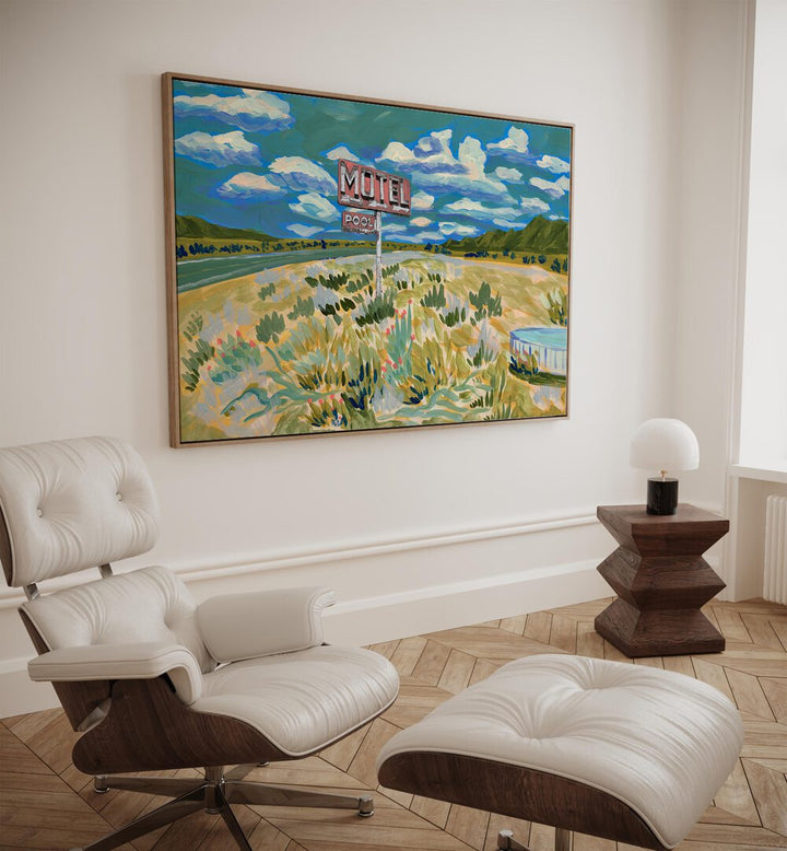 MOTEL, LANDSCAPE PAINTINGS adorn a modern room, showcasing captivating nature and tranquility for any space.