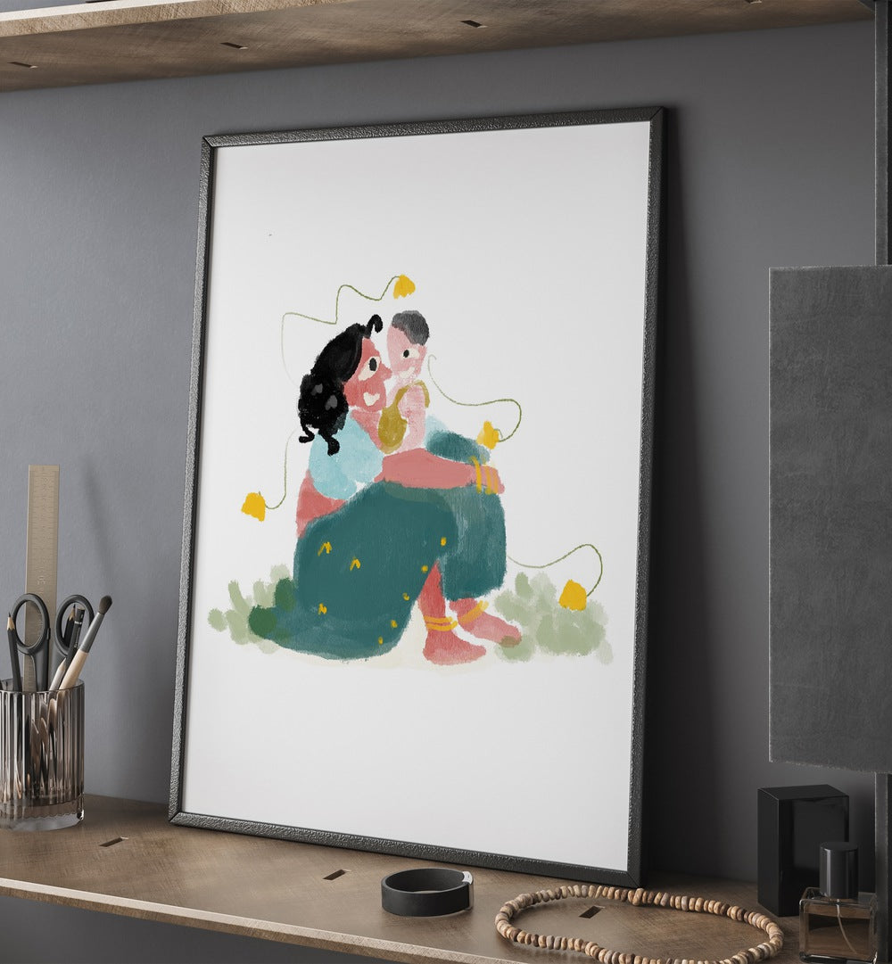 Mothers Love By Shreya Roy Chowdary, Indian Art Paintings Artwork in Black Plain Frame placed above a Shelf