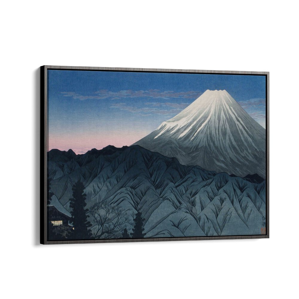 Stunning MOUNT FUJI , JAPANESE PAINTINGS in a black floater frame, showcasing traditional Japanese artistry and serenity.