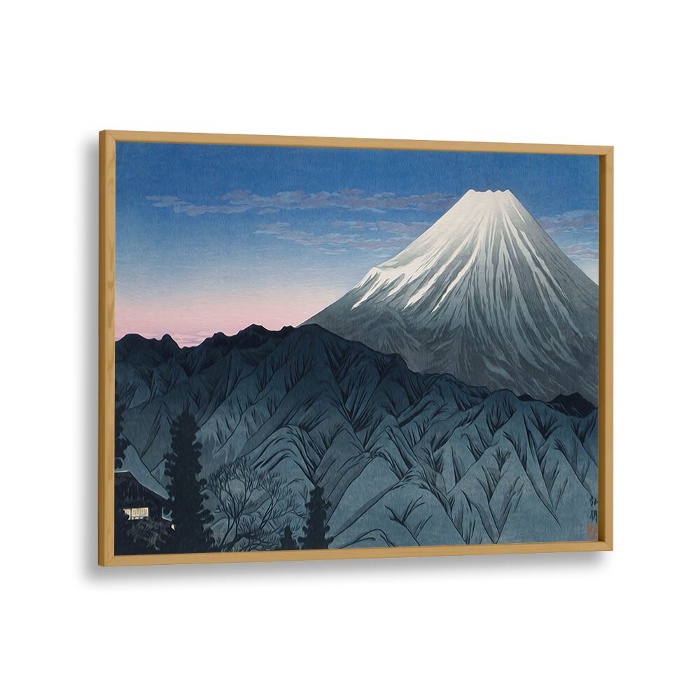 Stunning MOUNT FUJI, JAPANESE PAINTINGS in oak frame, showcasing the tranquil beauty of Japan's iconic mountain.