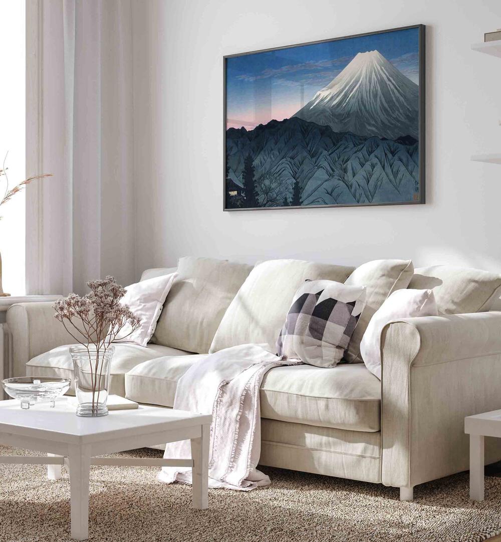 Tranquil MOUNT FUJI, JAPANESE PAINTINGS adorn a cozy living space, showcasing Japan's iconic mountain beauty.
