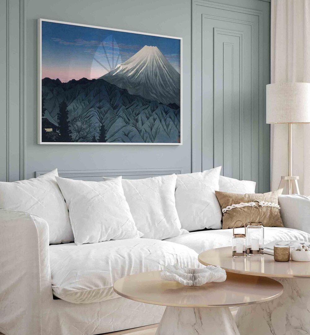 Stunning MOUNT FUJI, JAPANESE PAINTINGS adorn a modern living room, showcasing serene traditional art beauty.