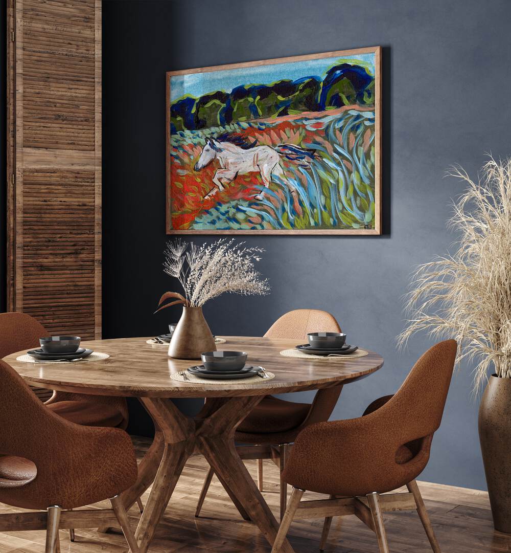 Stunning MOUNTAIN HORSE, LANDSCAPE PAINTINGS depicting a graceful horse in vibrant natural scenery. Perfect for art lovers.