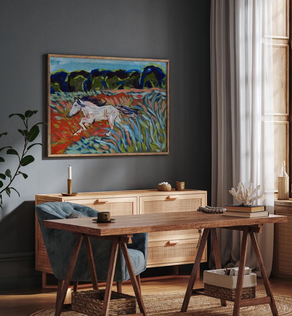 Stunning MOUNTAIN HORSE, LANDSCAPE PAINTINGS showcasing a galloping horse against vibrant natural scenery.