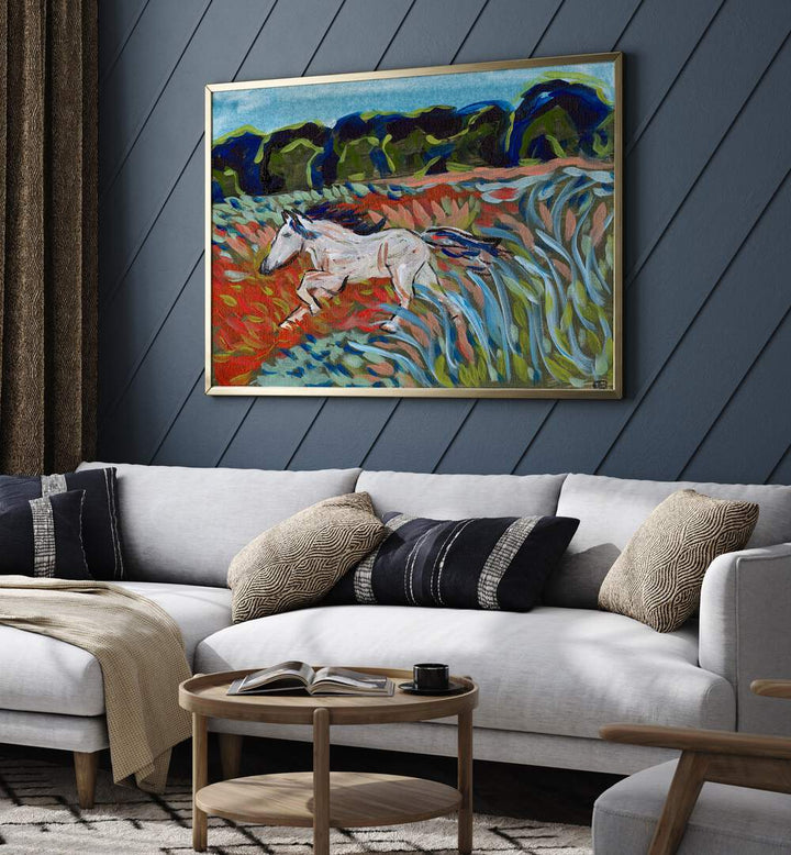 Stunning MOUNTAIN HORSE, LANDSCAPE PAINTINGS brighten a modern living room with vibrant colors and nature's beauty.