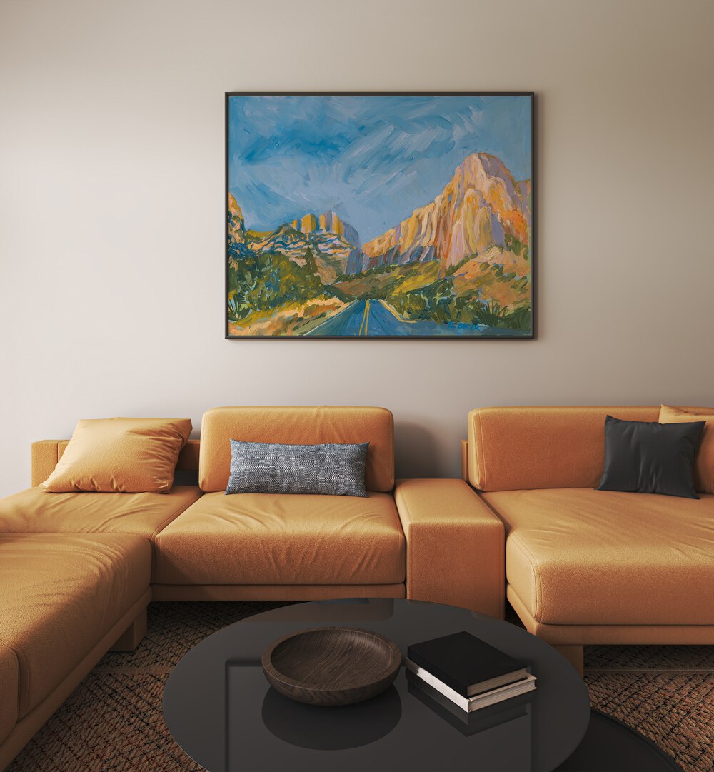Stunning MOUNTAIN ROAD, LANDSCAPE PAINTINGS enhancing a cozy living room with breathtaking mountain scenery.