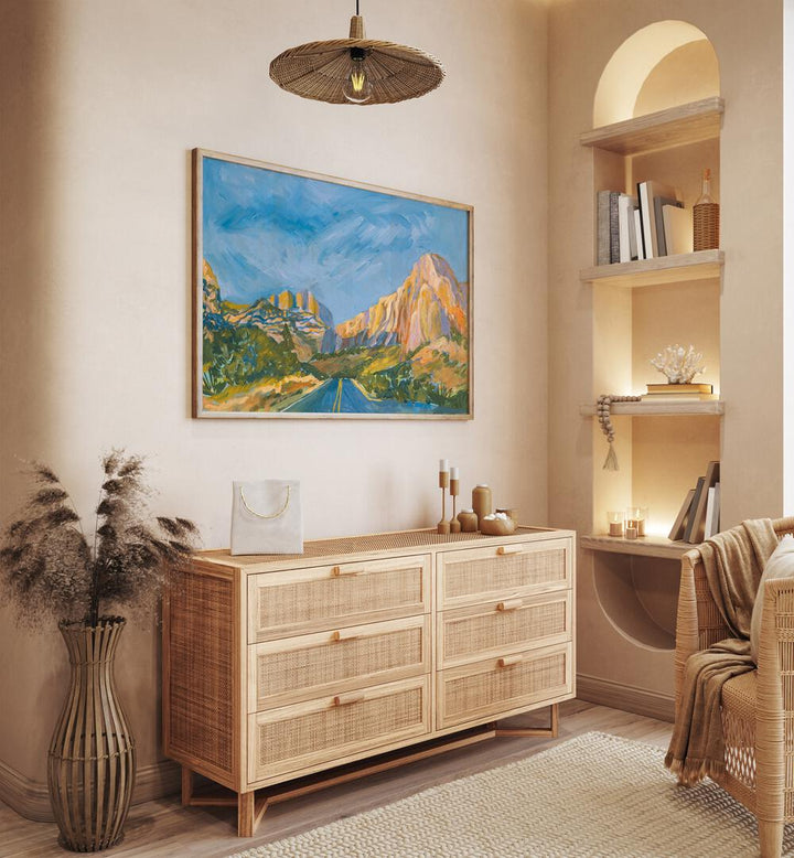 Stunning MOUNTAIN ROAD, LANDSCAPE PAINTINGS enhance this cozy living space with vibrant colors and serene beauty.