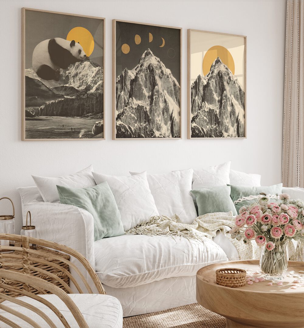 Stylish living room featuring the MOUNTAINSCAPE MOONPHASE SET, SET OF 3 PAINTINGS, enhancing natural beauty and elegance.
