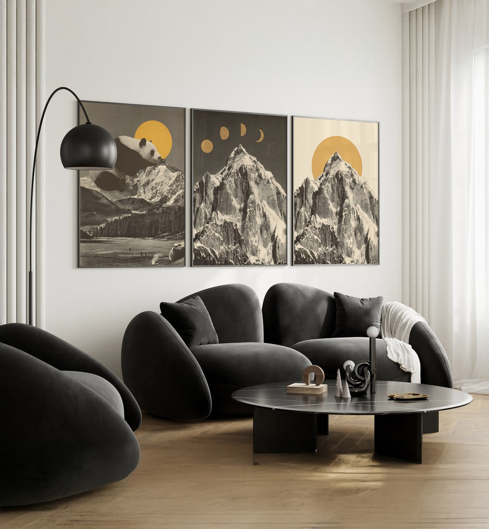 Stylish living room featuring the MOUNTAINSCAPE MOONPHASE SET, SET OF 3 PAINTINGS showcasing nature's beauty.