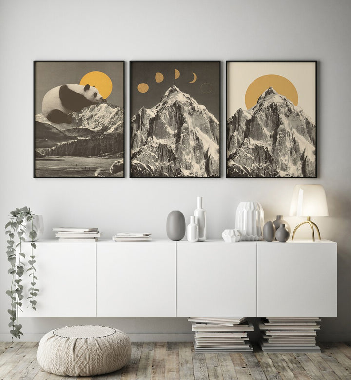Elevate your decor with the MOUNTAINSCAPE MOONPHASE SET, SET OF 3 PAINTINGS featuring serene mountain and moon designs.