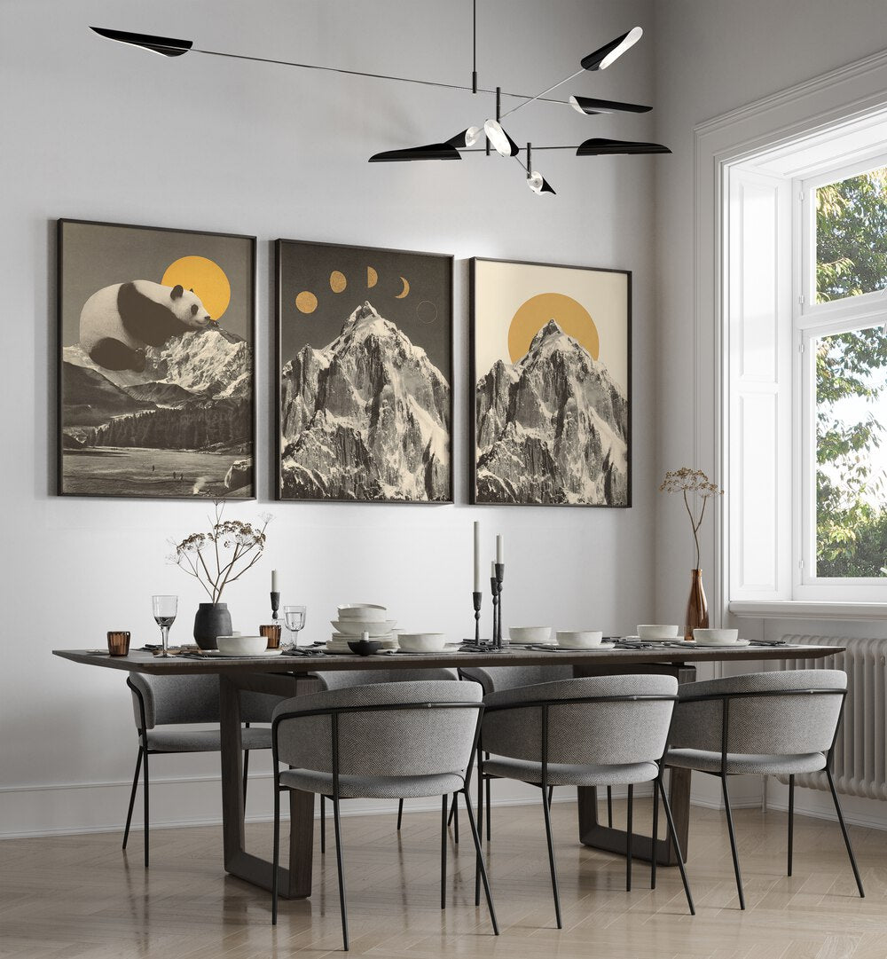 Stunning MOUNTAINSCAPE MOONPHASE SET, SET OF 3 PAINTINGS, enhancing any room with nature's beauty and moon phases.